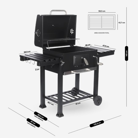 Parrilla a Carbón con Tapa Y Bandejas Laterales